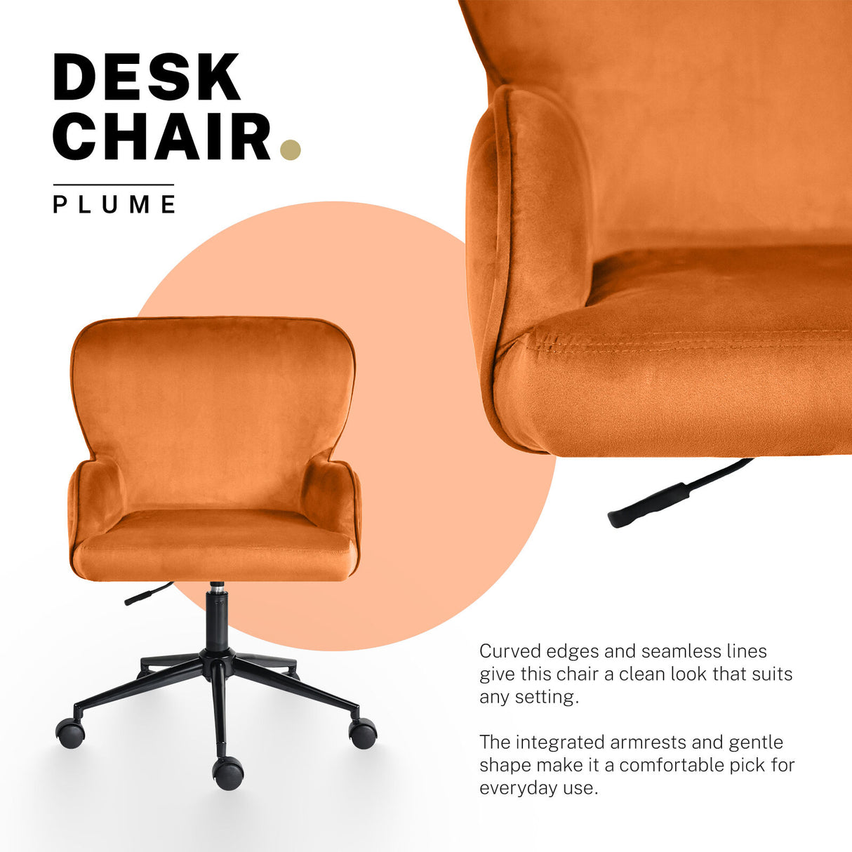 Balingup orange velvet swivel office chair at a home desk