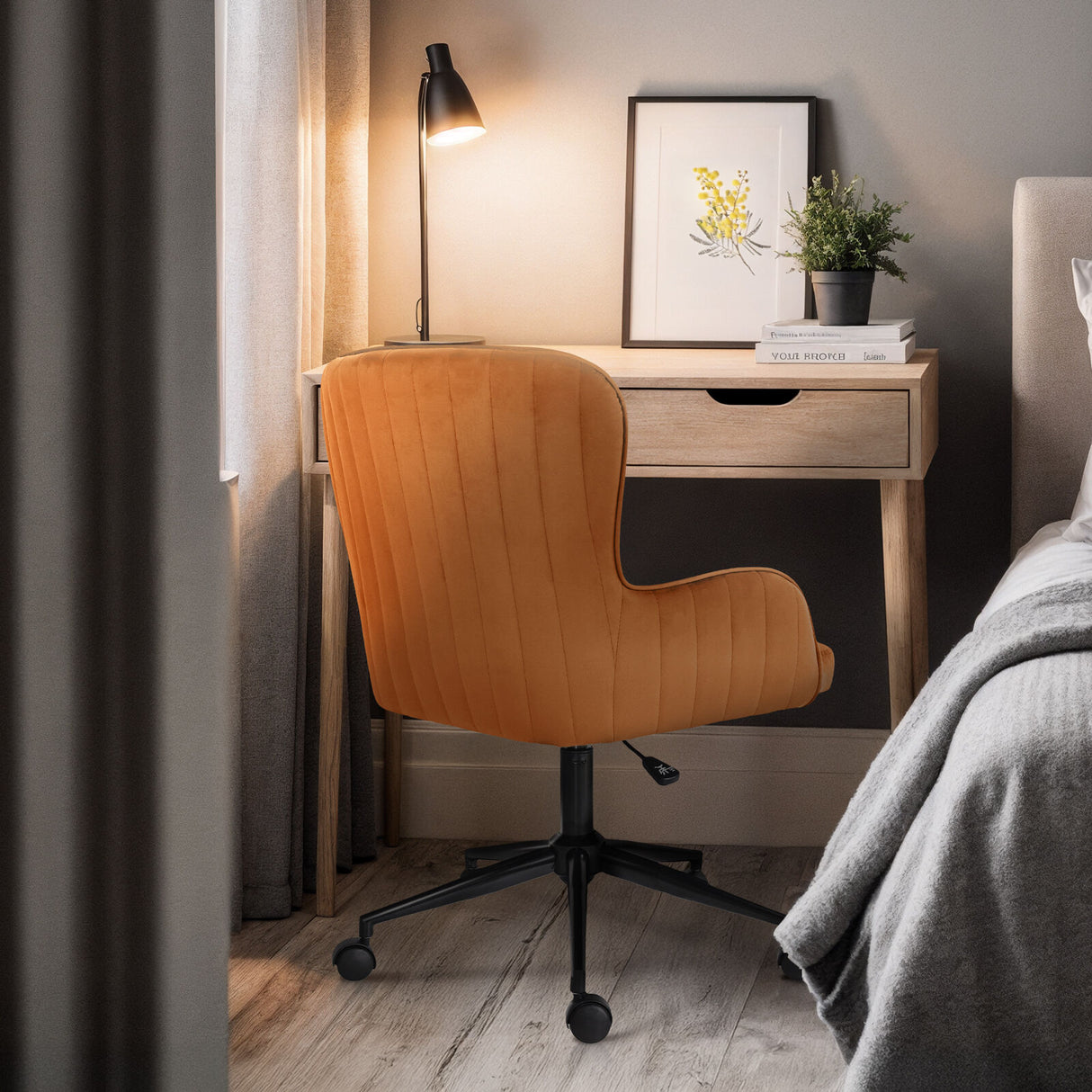 Balingup orange velvet swivel office chair at a home desk