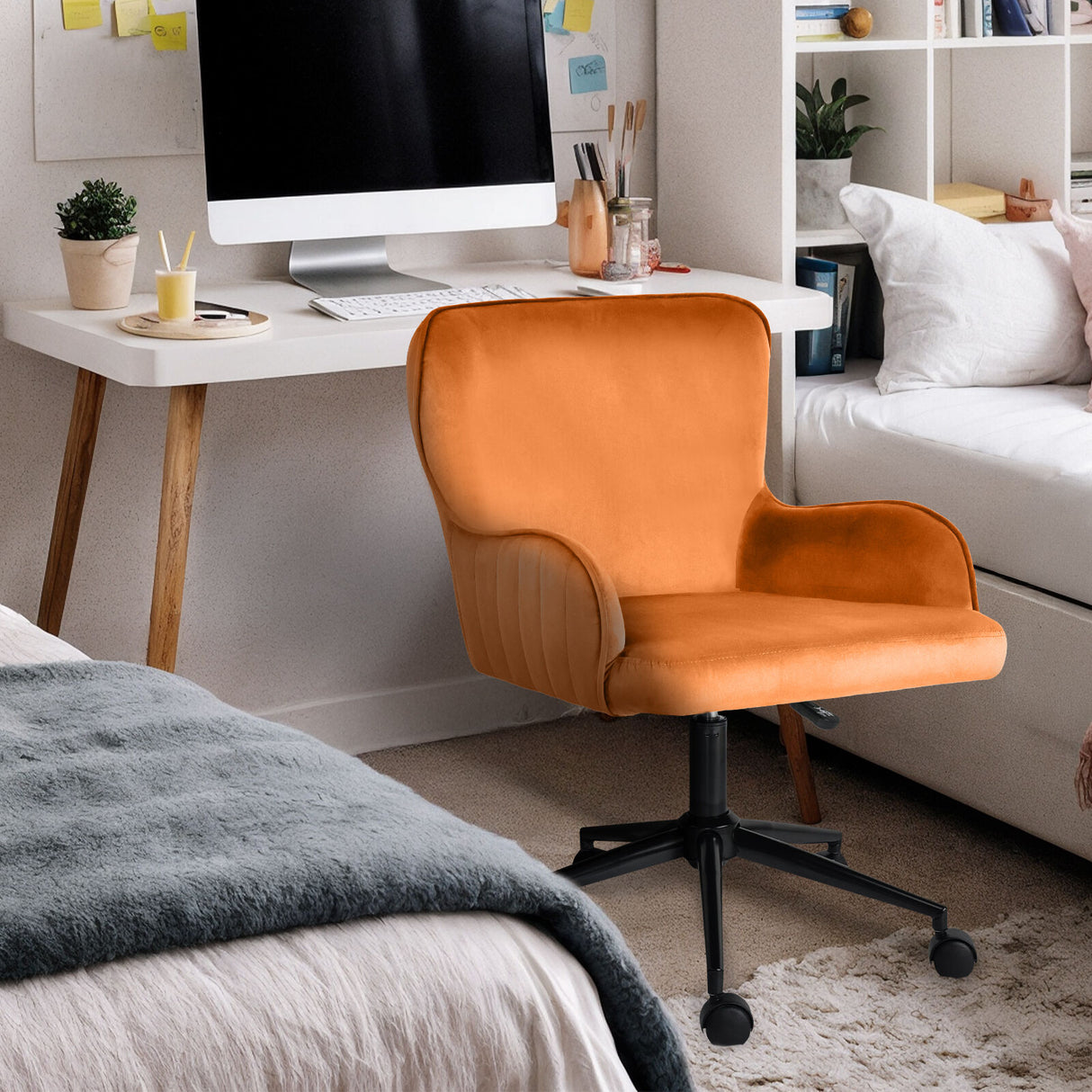 Balingup orange velvet swivel office chair at a home desk