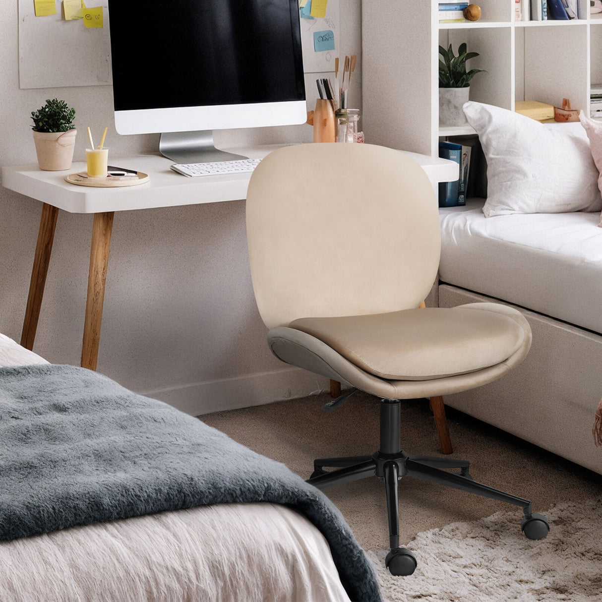 Goomalling pale khaki velvet armless swivel office desk chair