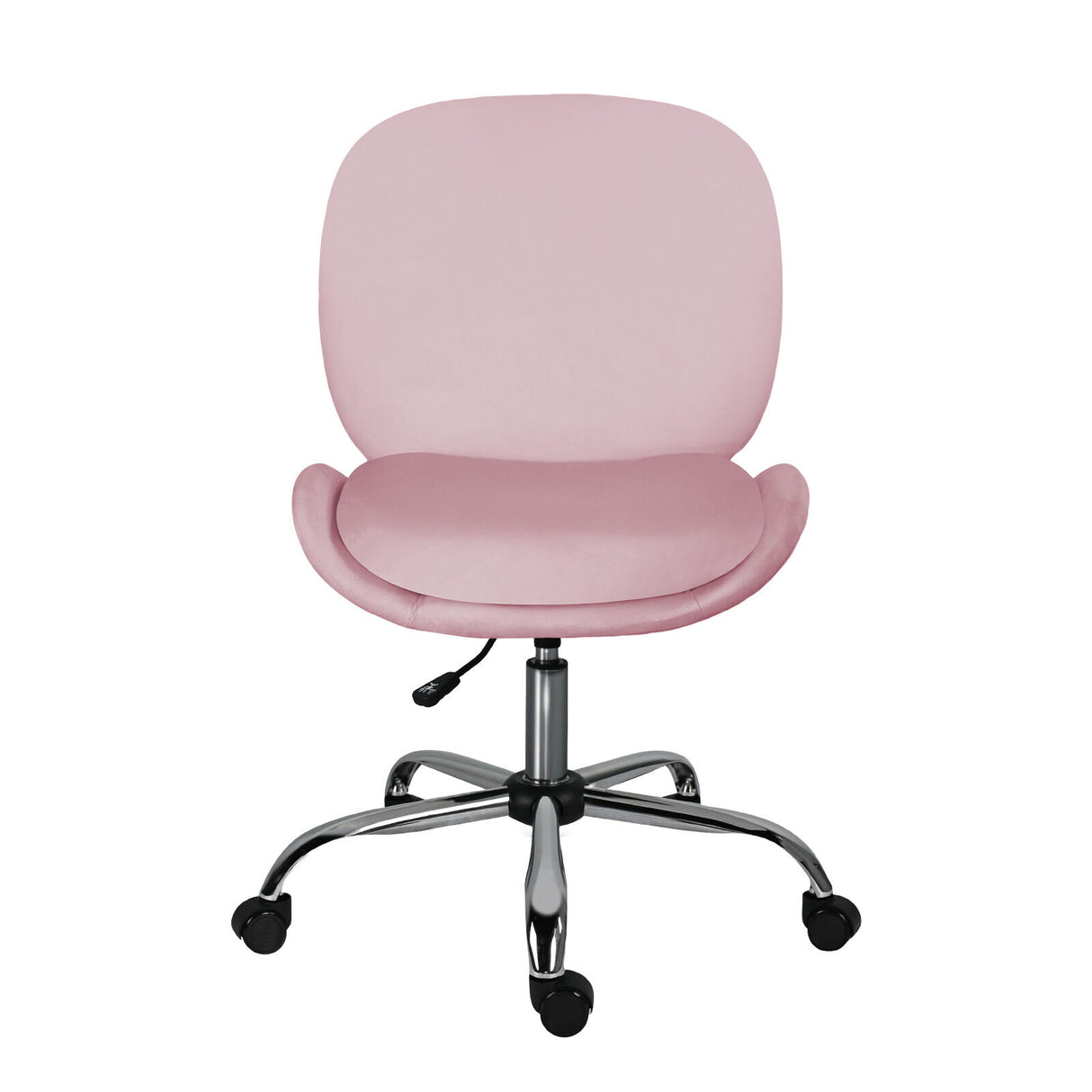 Scarborough pink velvet armless swivel office chair at a desk