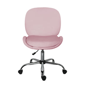 Scarborough pink velvet armless swivel office chair at a desk