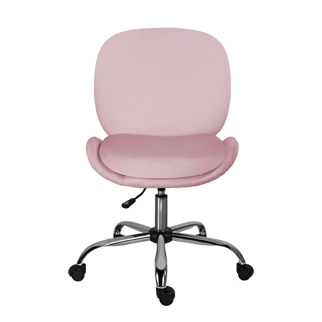 Scarborough pink velvet armless swivel office chair at a desk