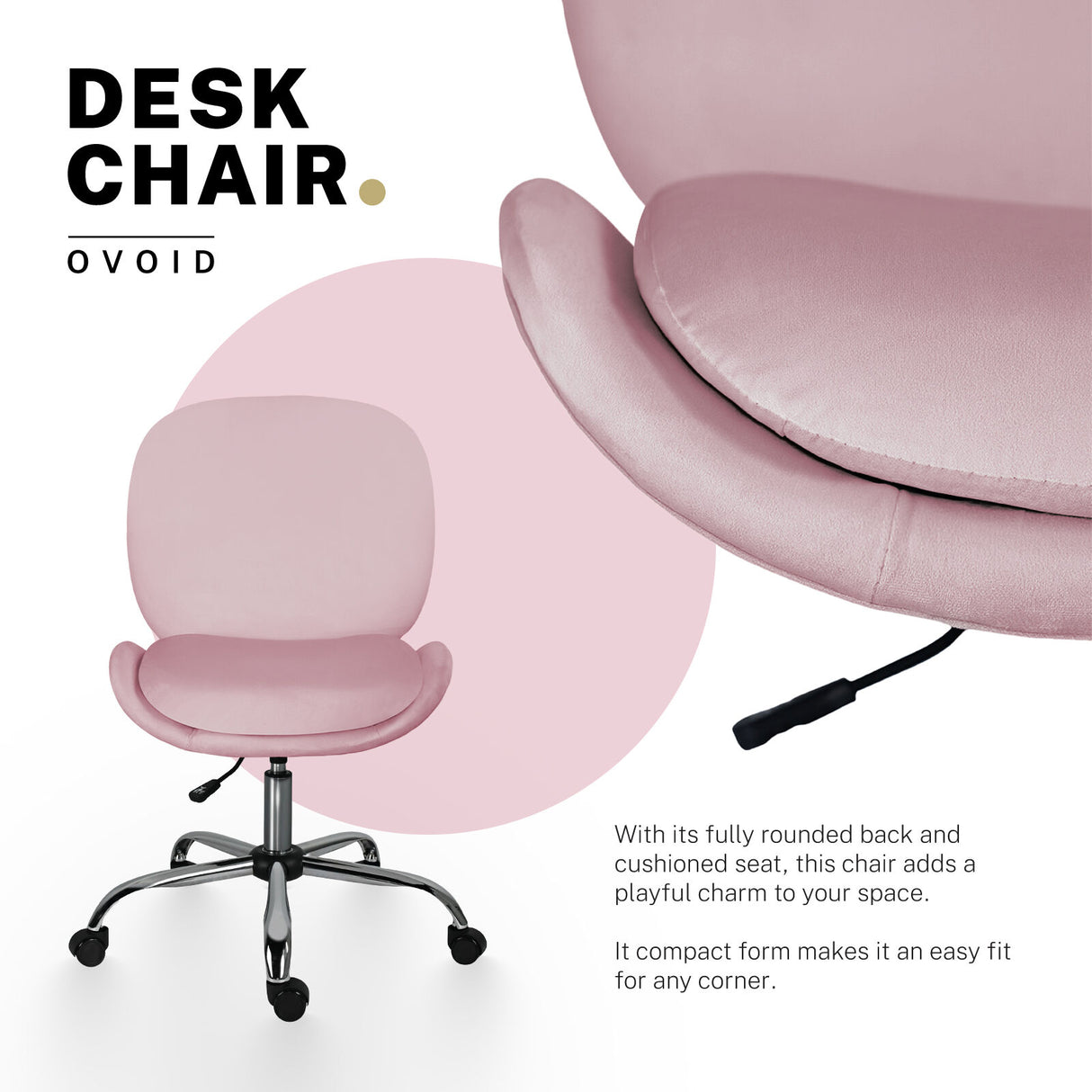 Scarborough pink velvet armless swivel office chair at a desk