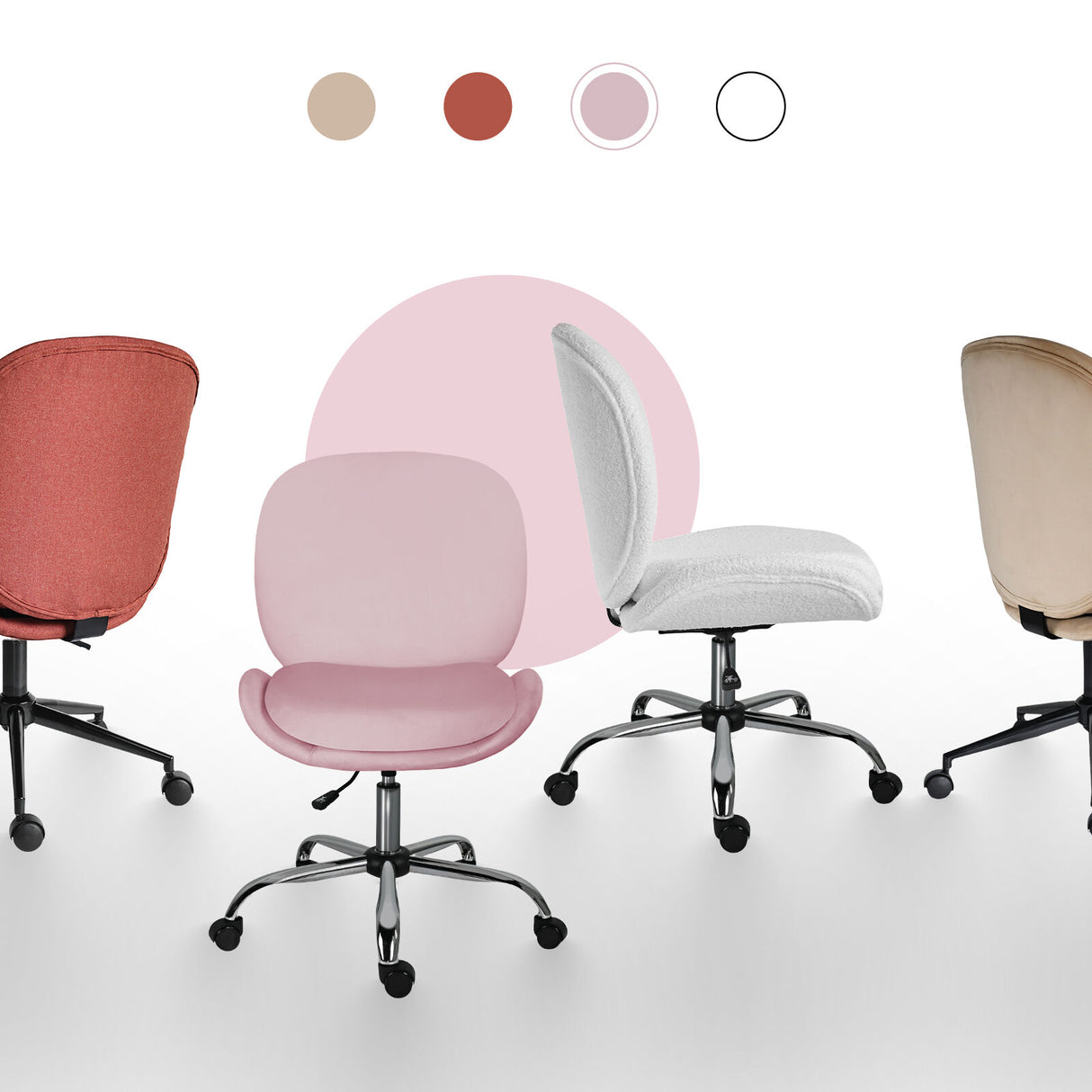 Scarborough pink velvet armless swivel office chair at a desk