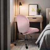 Scarborough pink velvet armless swivel office chair at a desk