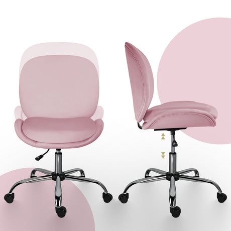Scarborough pink velvet armless swivel office chair at a desk