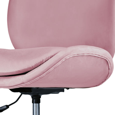 Scarborough pink velvet armless swivel office chair at a desk