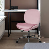 Scarborough pink velvet armless swivel office chair at a desk