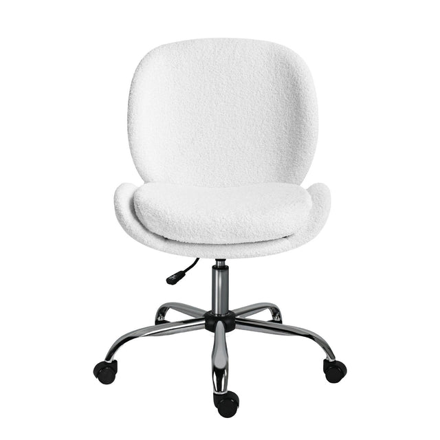 Scarborough white teddy boucle armless swivel office chair at a desk