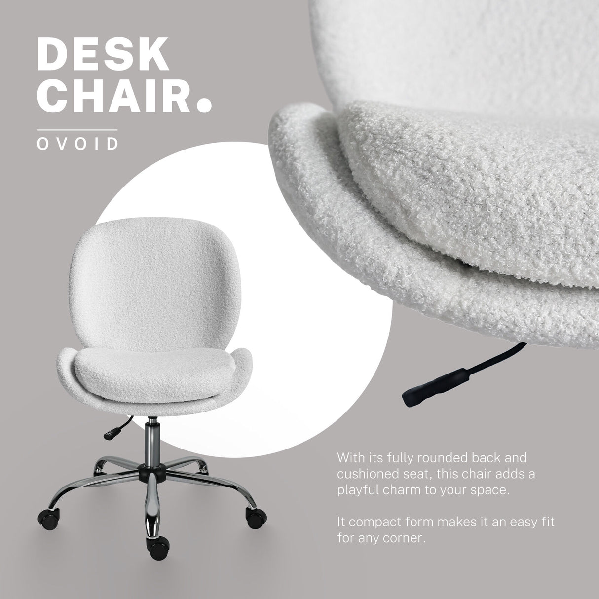 Scarborough white teddy boucle armless swivel office chair at a desk