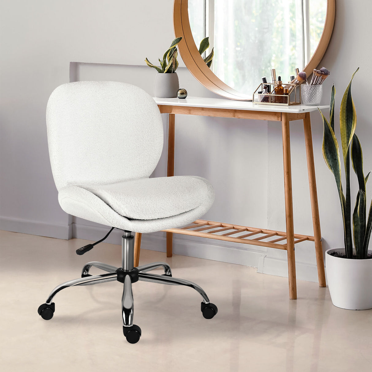 Scarborough white teddy boucle armless swivel office chair at a desk