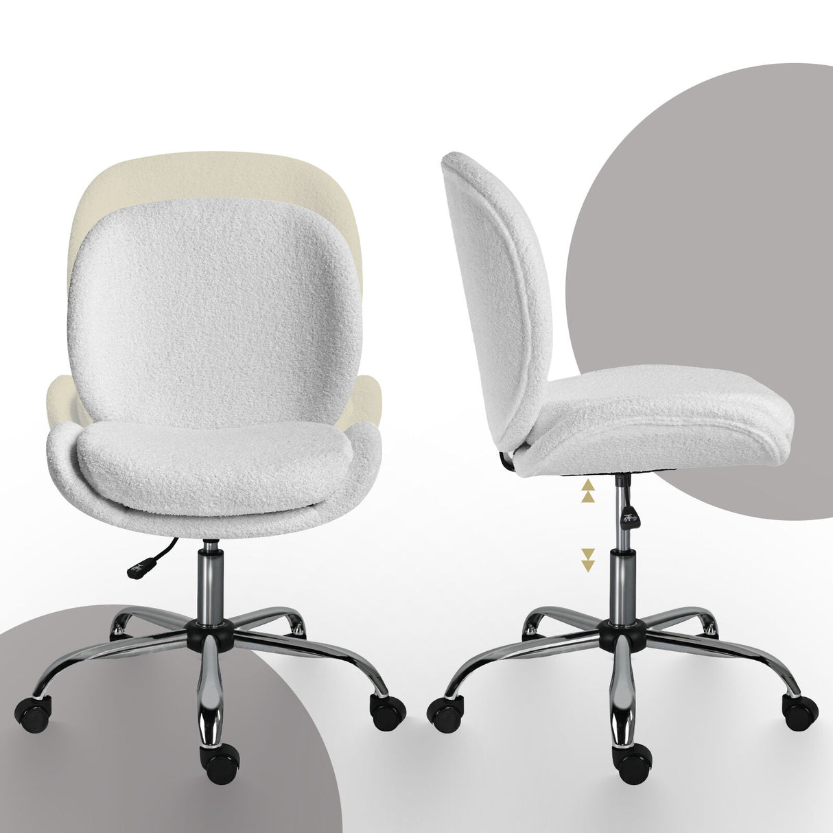 Scarborough white teddy boucle armless swivel office chair at a desk