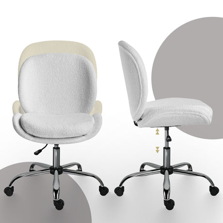 Scarborough white teddy boucle armless swivel office chair at a desk