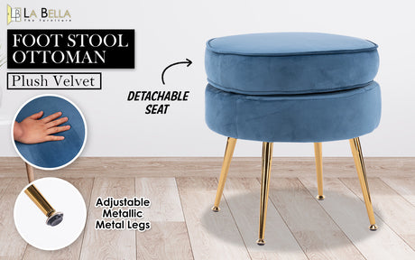 La Bella Velvet Round Ottoman with Gold Legs Navy Blue Yellow or Pink — Allure Home Collections