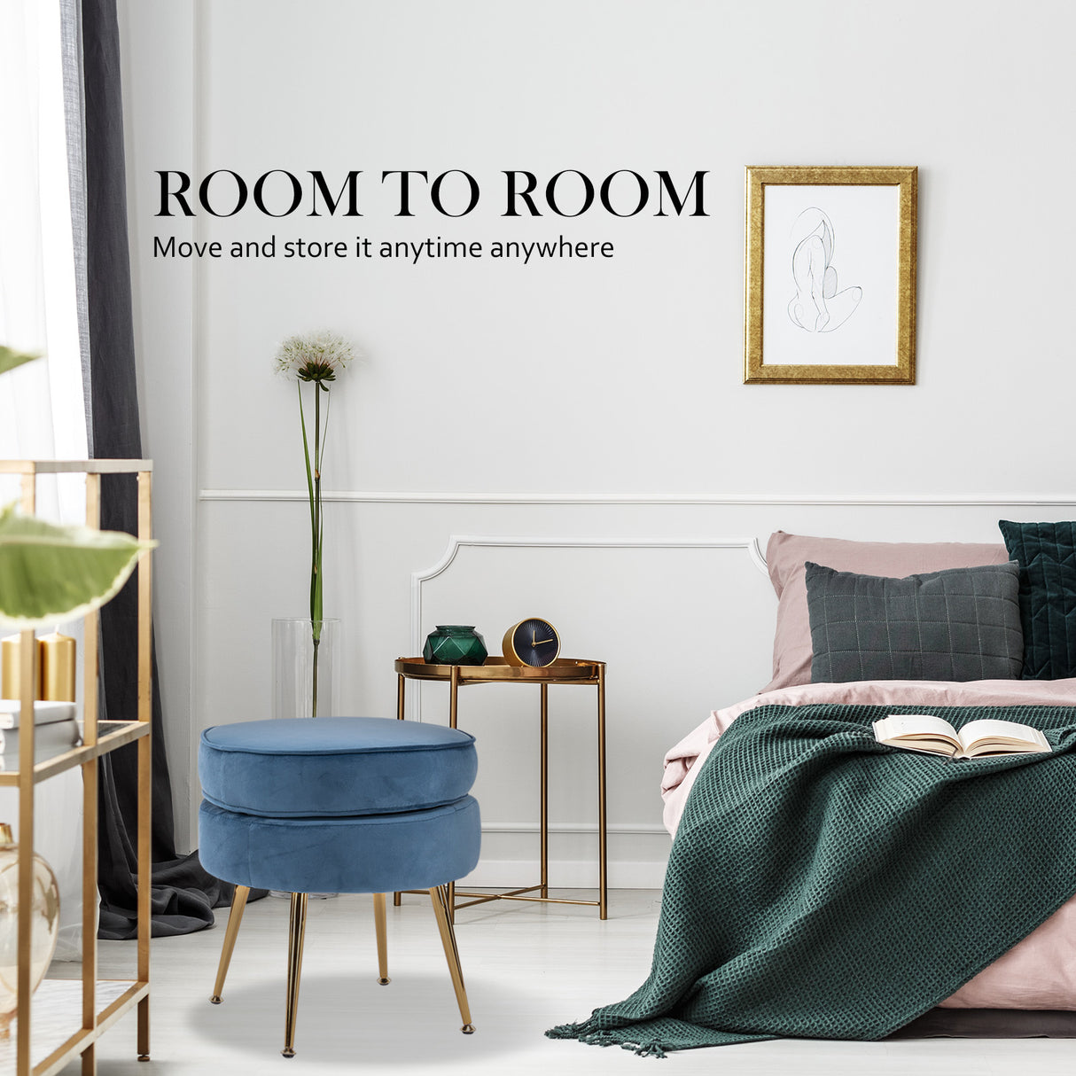 La Bella Velvet Round Ottoman with Gold Legs Navy Blue Yellow or Pink — Allure Home Collections