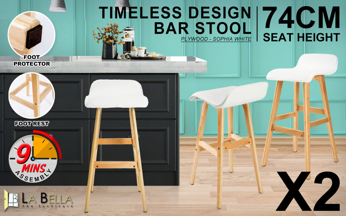 Tootgarook Wooden Bar Stool, White 2pcs