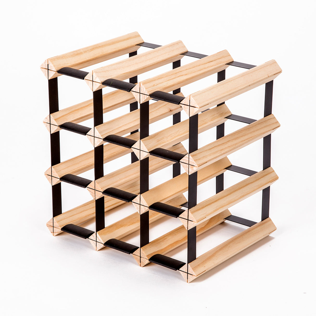 Natural pine and steel timber wine rack holding 12 bottles