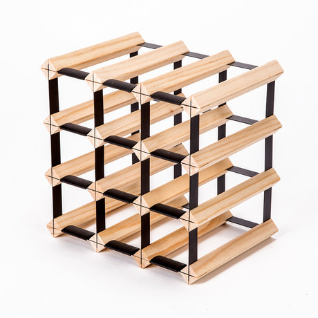 Natural pine and steel timber wine rack holding 12 bottles