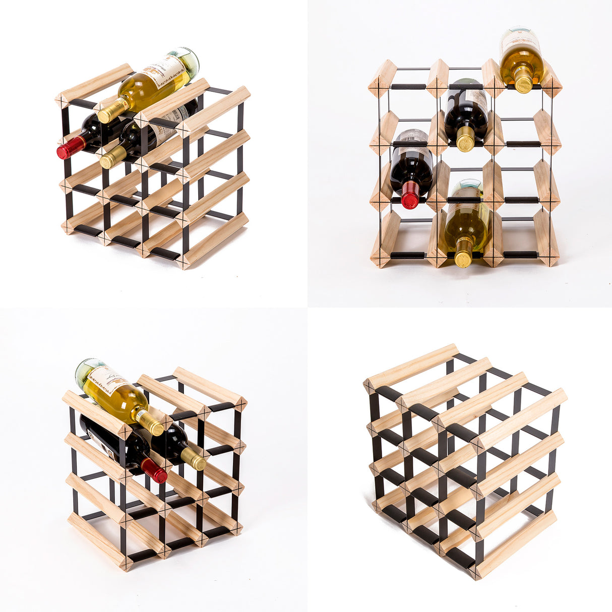 Natural pine and steel timber wine rack holding 12 bottles