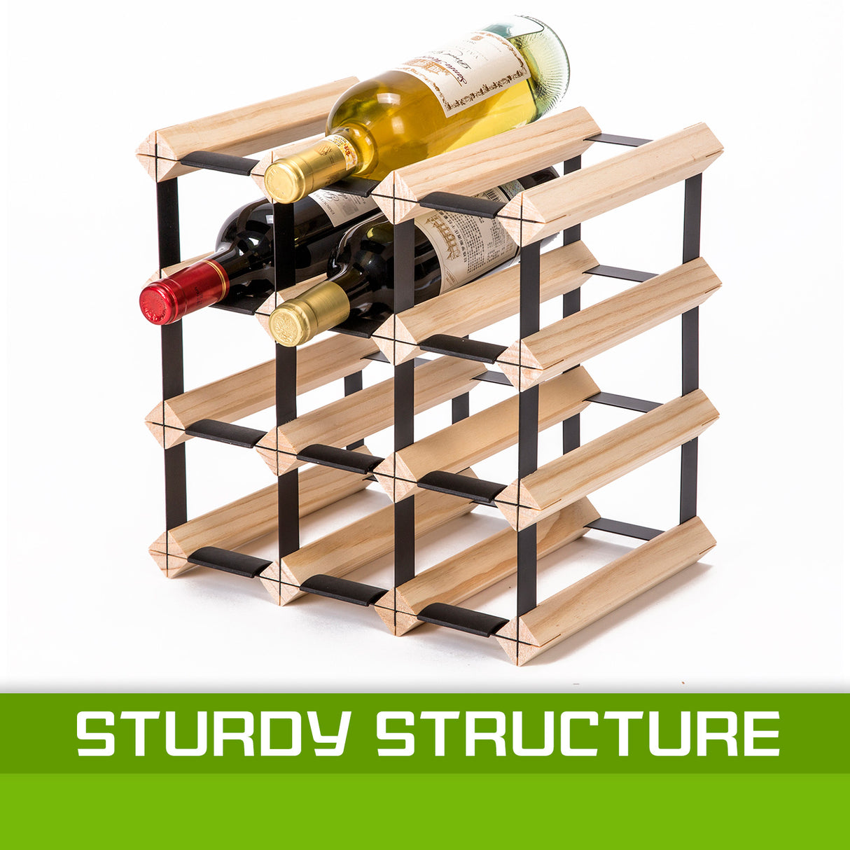 Natural pine and steel timber wine rack holding 12 bottles