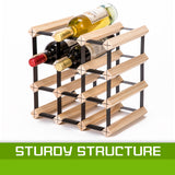 Natural pine and steel timber wine rack holding 12 bottles