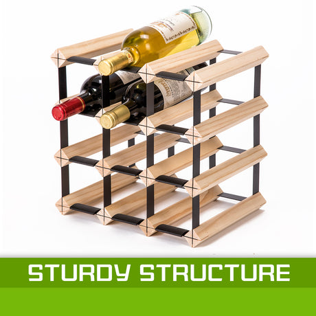 Natural pine and steel timber wine rack holding 12 bottles