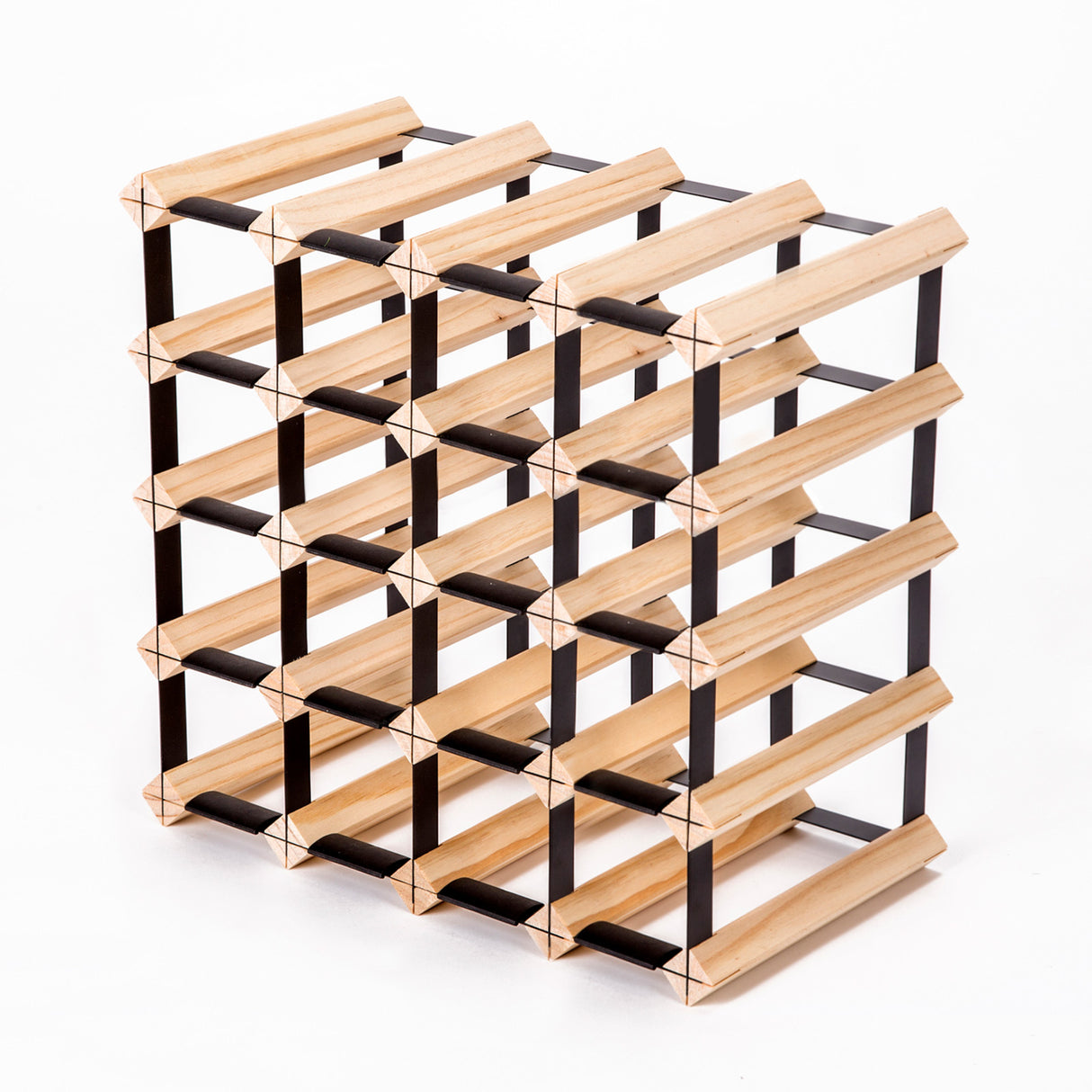 Natural pine and steel timber wine rack holding 20 bottles