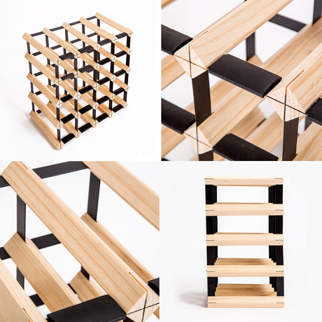 Natural pine and steel timber wine rack holding 20 bottles