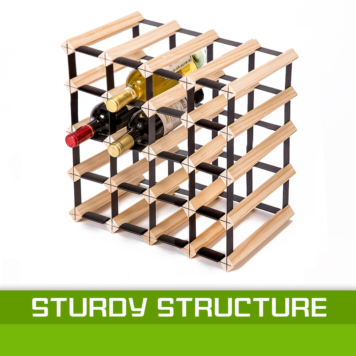 Natural pine and steel timber wine rack holding 20 bottles