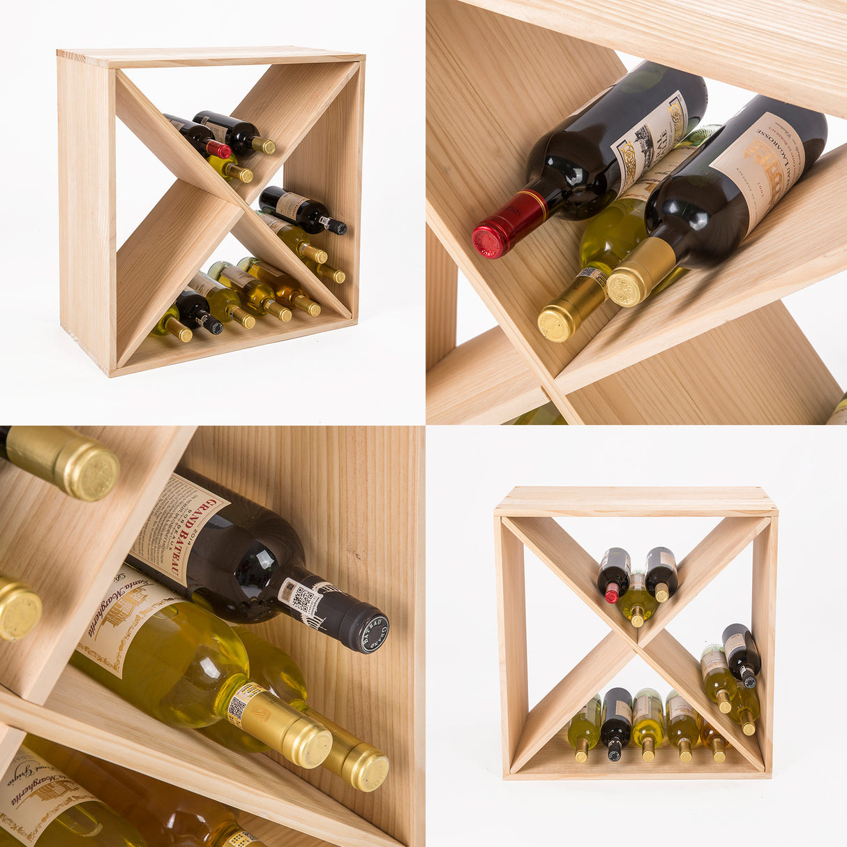 Natural pine criss cross timber wine rack holding 24 bottles