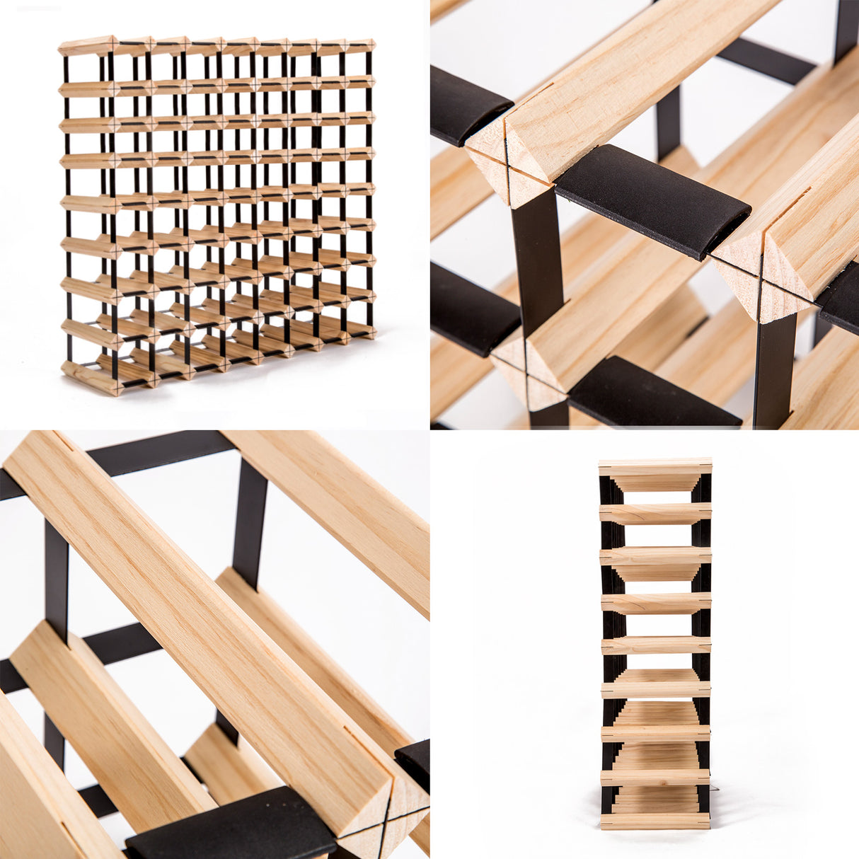 Natural pine and steel timber wine rack holding 72 bottles