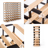 Natural pine and steel timber wine rack holding 72 bottles
