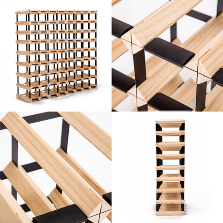 Natural pine and steel timber wine rack holding 72 bottles