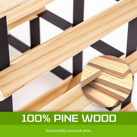 Natural pine and steel timber wine rack holding 72 bottles