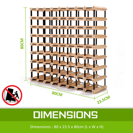 Natural pine and steel timber wine rack holding 72 bottles