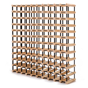 Natural pine and steel timber wine rack holding 120 bottles