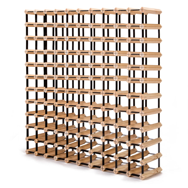 Natural pine and steel timber wine rack holding 120 bottles