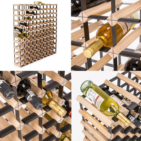 Natural pine and steel timber wine rack holding 120 bottles