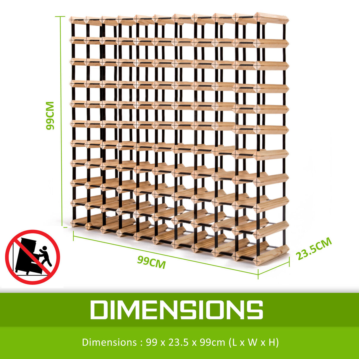 Natural pine and steel timber wine rack holding 120 bottles