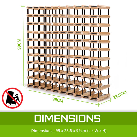 Natural pine and steel timber wine rack holding 120 bottles