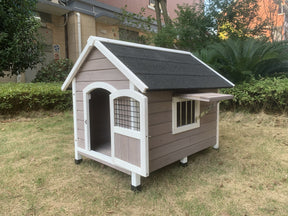Karridale large grey timber dog kennel with striped detailing outdoors