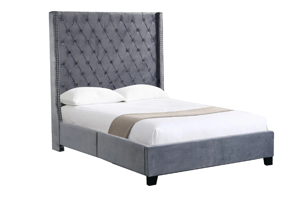 Ella Grey Velvet Winged Bed - Queen 180cm