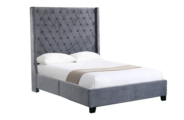 Ella Grey Velvet Winged Bed - Queen 180cm