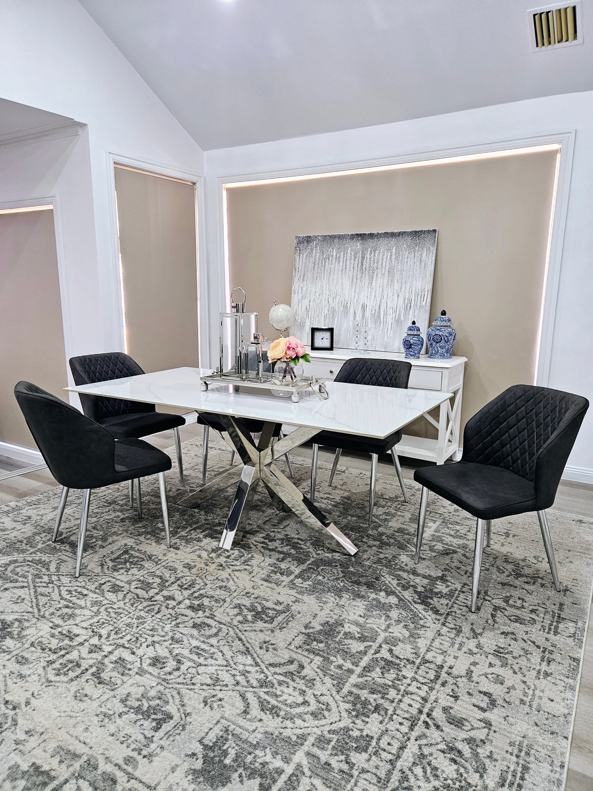 Elegant Silver and White Marble Dining Table