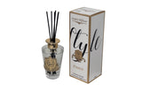 Pokolbin premium reed diffuser 200ml in Francis scent, white glass home fragrance on a styled side table