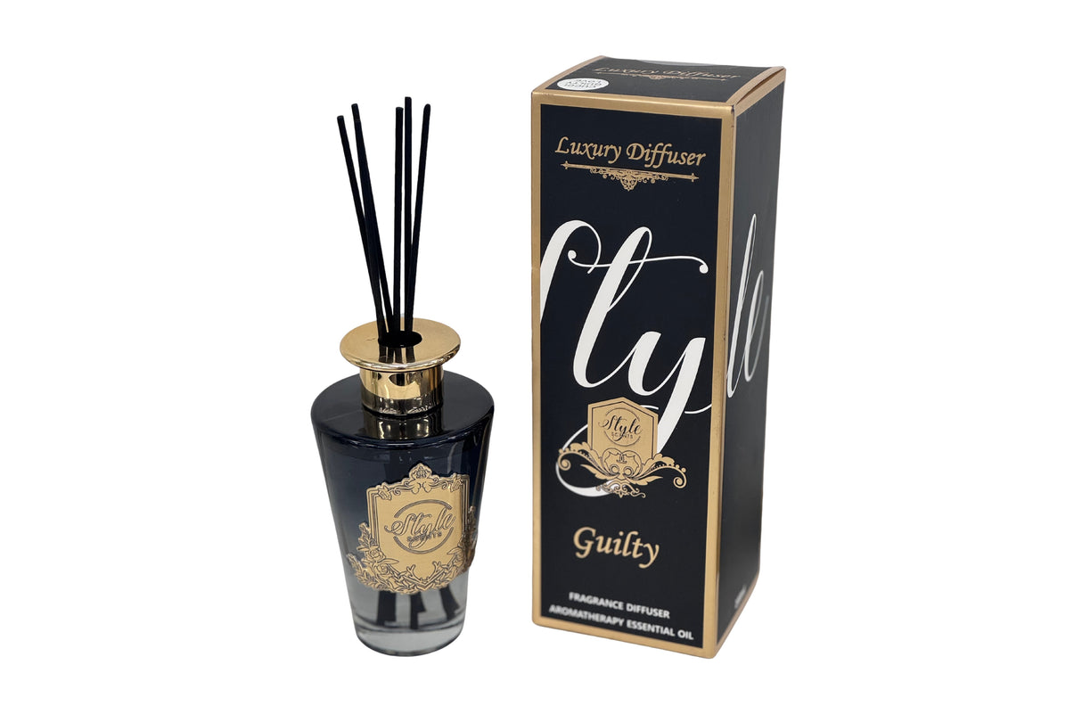 Pokolbin premium reed diffuser 200ml in Guilty scent, black glass home fragrance on a styled side table