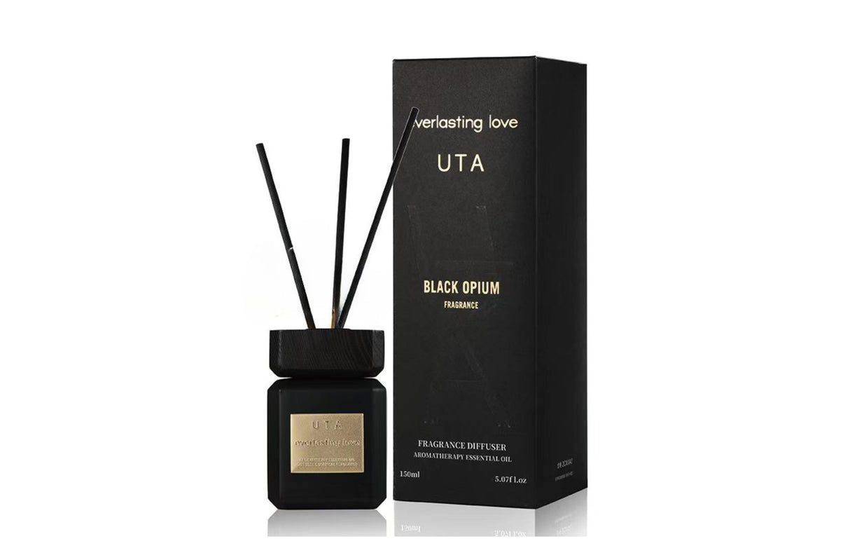 Lovedale aroma reed diffuser 150ml in Black Opium scent, slim glass home fragrance with natural reeds