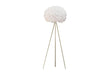 Tripod floor lamp with white feather shade and gold base