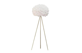 Tripod floor lamp with white feather shade and gold base